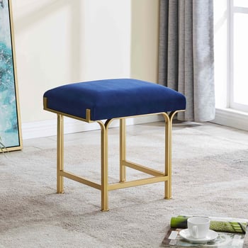 Kiky Velvet Fabric Ottoman, Serene Dark Blue/ Gold