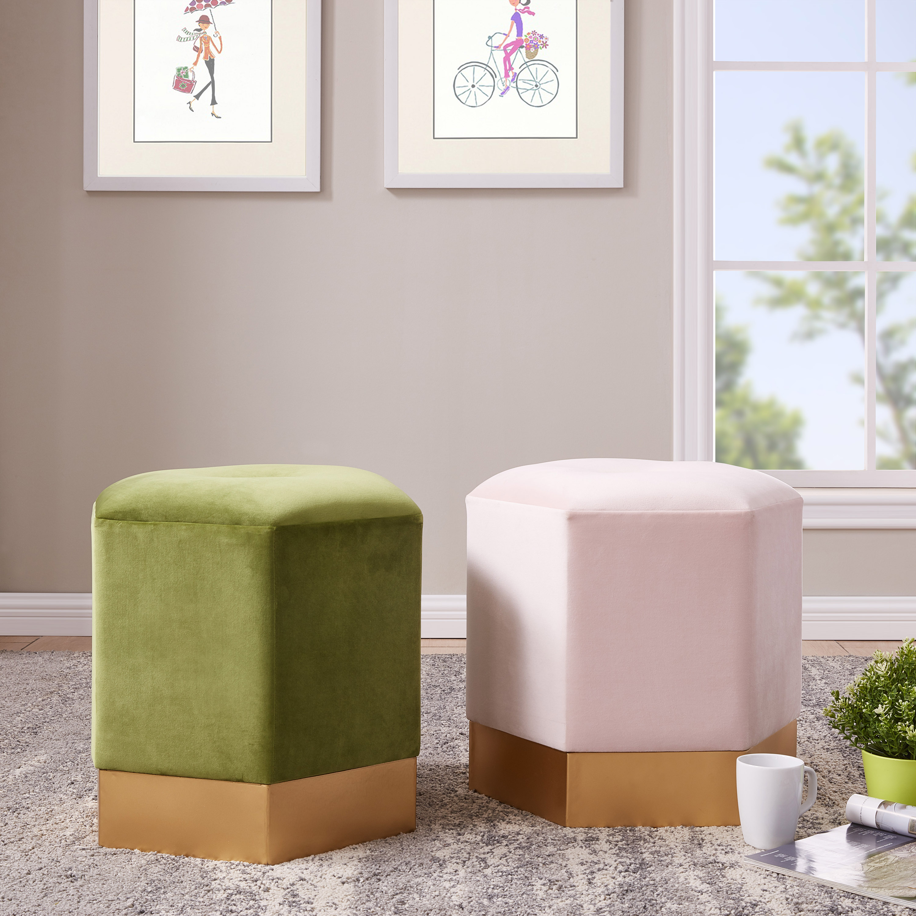 Bella Velvet Fabric Hexagon Ottoman, Serene Blush