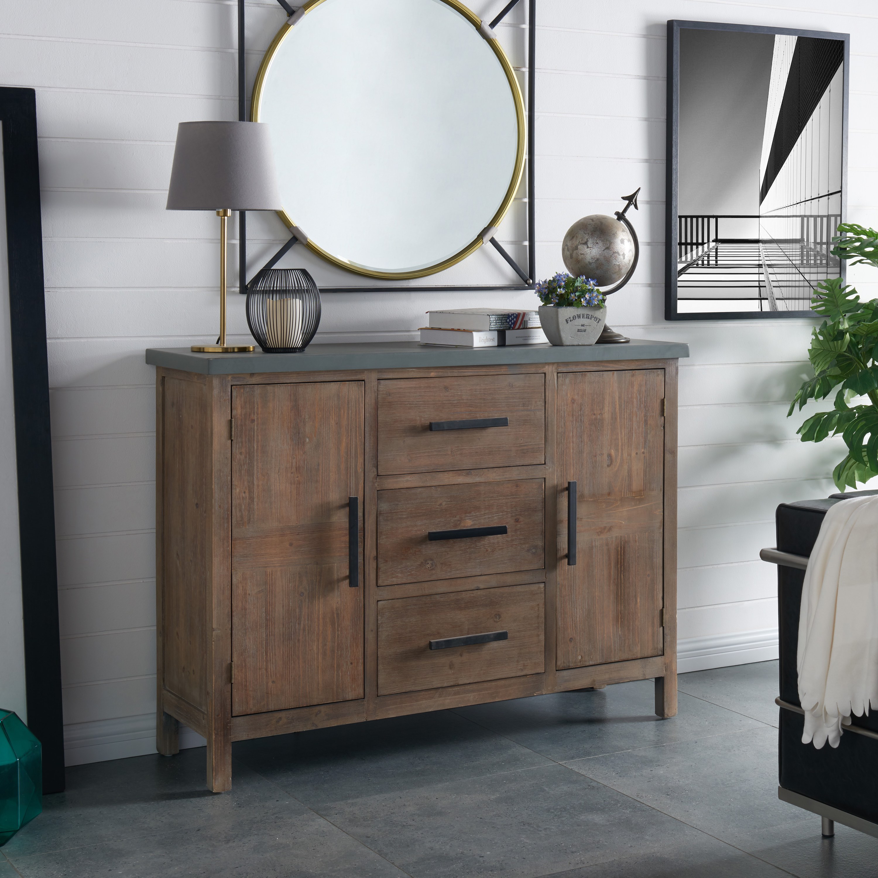Venezio Sideboard 3 Drawers + 2 Doors w/ Faux Cement Top, Rustic Brown